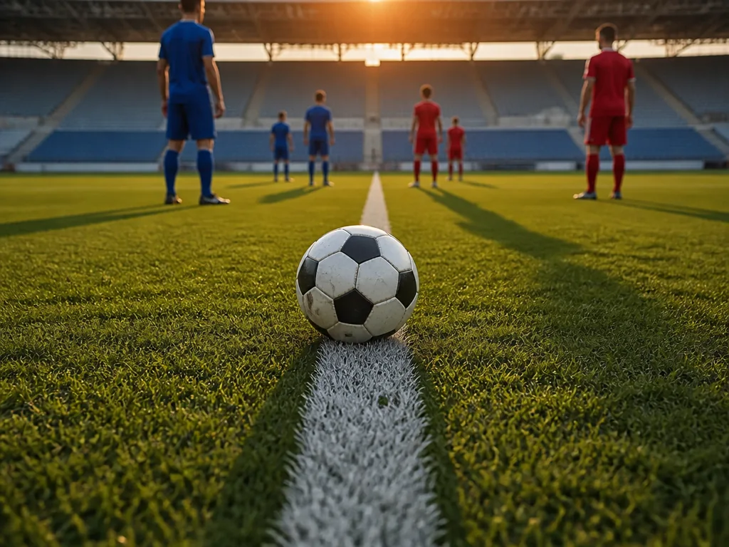 Fotboll som vilar på mittlinjen på en grön plan i kvällsljus, tomma läktare i bakgrunden